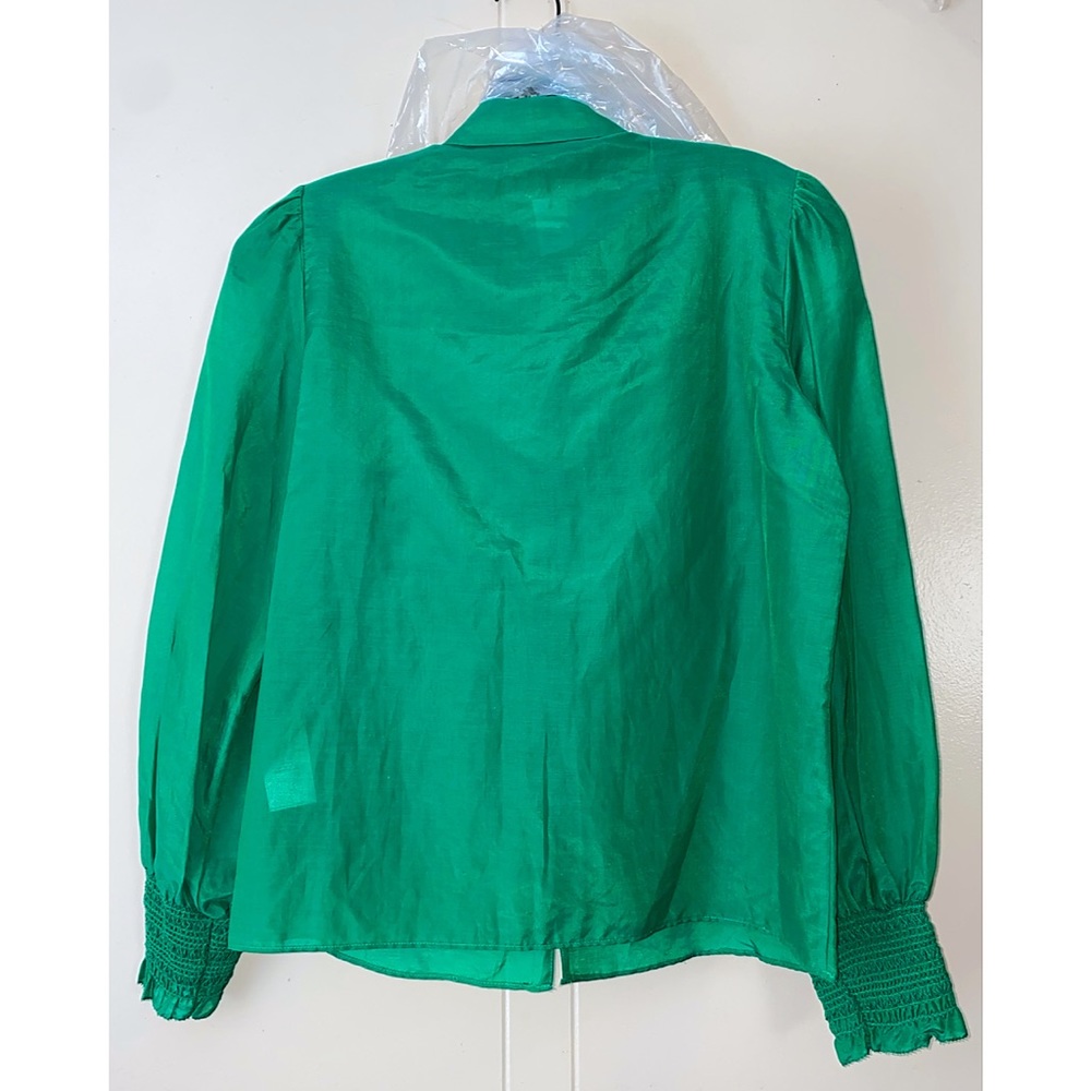 Alice + Olivia Joey Emerald Green Button Front Silk Blend Smocked Blouse - Picture 8 of 15